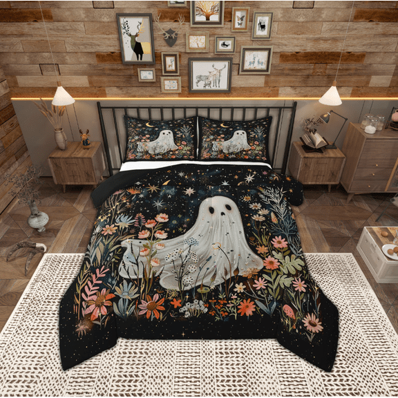 Manfei Cute Cartoon Ghost Bedding Comforter Set,Watercolor Flower Floral Twin Comforter Sets,Happy Halloween Bedding Set For Kids Girl,Ultra Soft Home Decor Reversible,2pcs