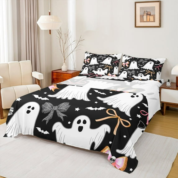 Manfei Cute Cartoon Ghost Queen Sheet Sets,Happy Halloween Flat Sheet,Princess Bowknot Bow Queen Fitted Sheet For Child,Ultra Soft Home Decor,4 Pieces
