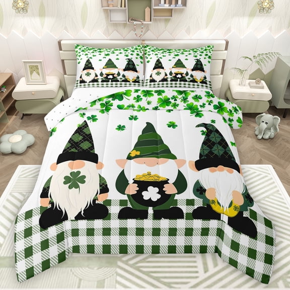 Manfei Cute Cartoon Gnome Bedding Comforter Set,St.Patrick Day Twin Comforter Sets,Lucky Four Leaves Clover Bedding Set For Girls Boys,Breathable Home Decor Reversible,2 Pieces