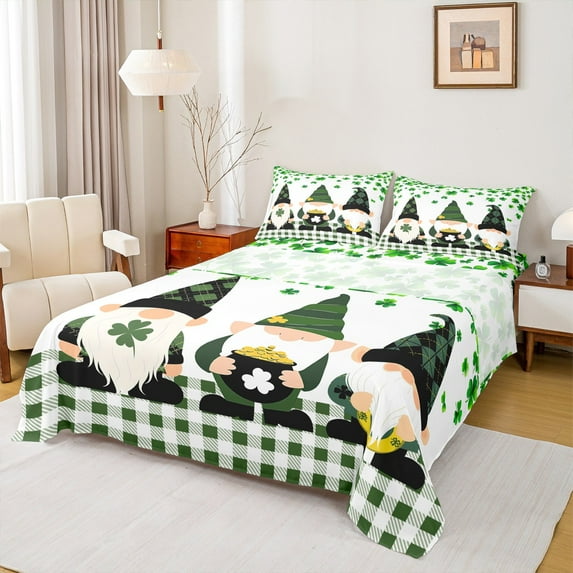 Manfei Cute Cartoon Gnome Full Size Sheets,St.Patrick Day Bed Sheets,Lucky Four Leaves Clover Sheet Sets For Girls Boys,Breathable Home Decor,4pcs