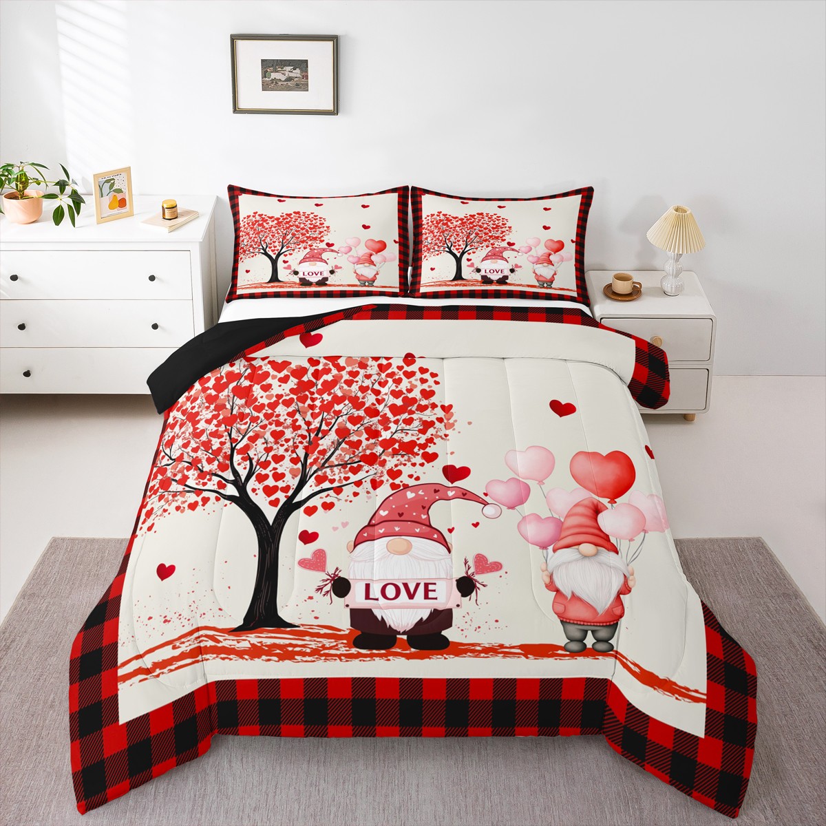 Cute Gnome King Size Bedspread Set - Purple Flower Butterfly Design With 2 Pillowcases