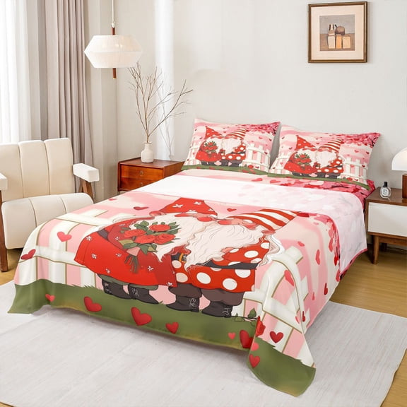 Manfei Cute Cartoon Gnome Twin Sheet Sets,Valentine Rose Twin Fitted Sheet,Red Heart Print Flat Sheet For Girl,Luxury Bedroom Decor,3 Pieces