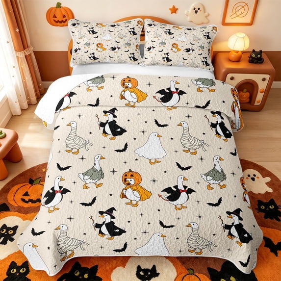 Manfei Cute Cartoon Goose Bed Spread Queen,Black Halloween Bat Queen Coverlet Set,3pcs,1 Quilt and 2 Pillowcases