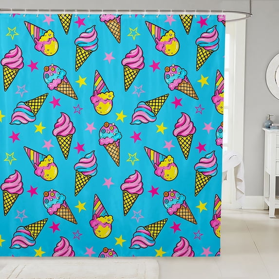 Manfei Cute Cartoon Ice Cream Shower Curtain 72Wx78L,Kawaii Stars Bath Curtain,Blue