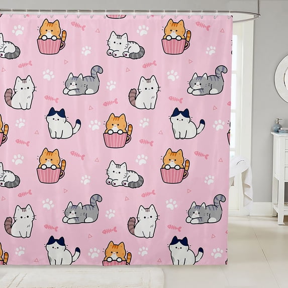Manfei Cute Cartoon Kitten Shower Curtain 72Wx72L, Lovely Cat Paw Bathroom Curtain, Pink White