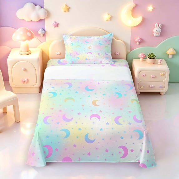 Manfei Cute Cartoon Moon Twin Sheets,Dreamy Stars Polka Dot Bedding,Pink Teal,3-Piece,1 Flat Sheet,1 Fitted Sheet and 1 Pillowcase