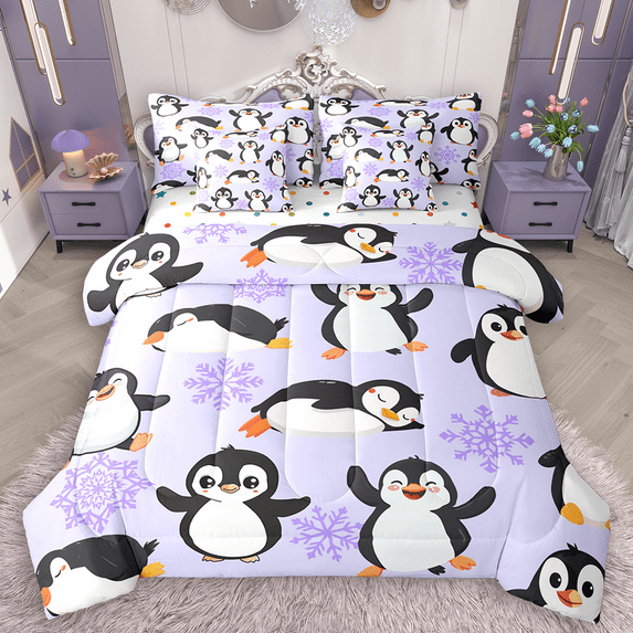 Manfei Cute Cartoon Penguin Bedding Comforter Set 7 Pieces, Kawaii Animal Queen Bedding Sets, Purple Snowflakes Queen Sheet Sets, Ultra Soft Home Decor