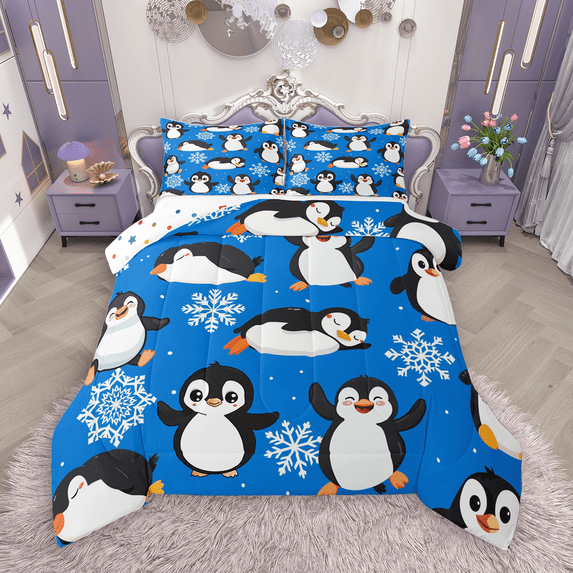 Manfei Cute Cartoon Penguin Full Size Comforter Sets 3-Piece, Kawaii Animal Bedding Comforter Set, Blue Snowflakes Bedding Sets, Microfiber Bedroom Decor