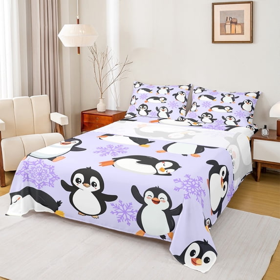 Manfei Cute Cartoon Penguin Queen Sheet Sets 4 Pieces, Kawaii Animal Flat Sheet, Purple Snowflakes Queen Fitted Sheet, Ultra Soft Home Decor