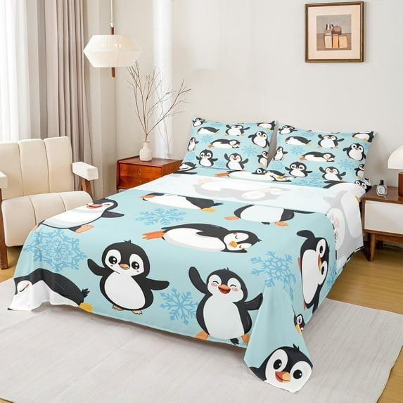 Manfei Cute Cartoon Penguin Twin Sheet Sets 3pcs, Kawaii Animal Twin Fitted Sheet, Blue Snowflakes Flat Sheet, Breathable Home Decor
