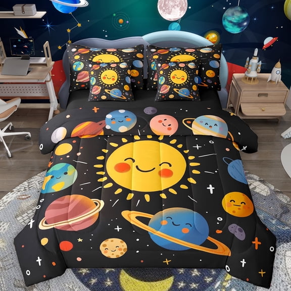 Manfei Cute Cartoon Planet 7pcs Bedding Comforter Set,Kawaii Sun Queen Bedding Sets,Colorful Universe Galaxy Queen Sheet Sets For Boys Teens,Super Cozy Room Decor Reversible