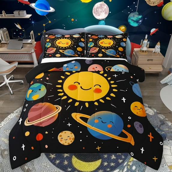 Manfei Cute Cartoon Planet Bedding Comforter Set,Kawaii Sun Twin Comforter Sets,Colorful Universe Galaxy Bedding Set For Boys Teens,Super Cozy Room Decor Reversible,2 Pieces
