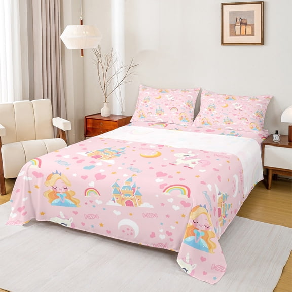 Manfei Cute Cartoon Princess Bed Sheets,Fairy Tale Castle King Sheets,Colorful Rainbows Unicorn Sheet Set For Girls Kids,Luxury Bedroom Decor,4-Piece