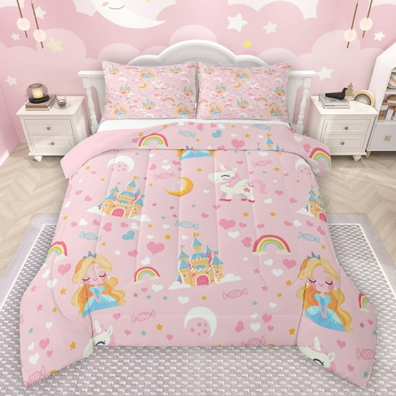 Manfei Cute Cartoon Princess Full Size Comforter Sets,Fairy Tale Castle Bedding Comforter Set,Colorful Rainbows Unicorn Bedding Sets For Girls Kids,Luxury Bedroom Decor Reversible,3 Pieces