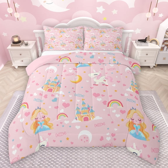 Manfei Cute Cartoon Princess Queen Comforter Set,Fairy Tale Castle Bedding Sets,Colorful Rainbows Unicorn Bedding Comforter Set For Girls Kids,Luxury Bedroom Decor Reversible,3pcs