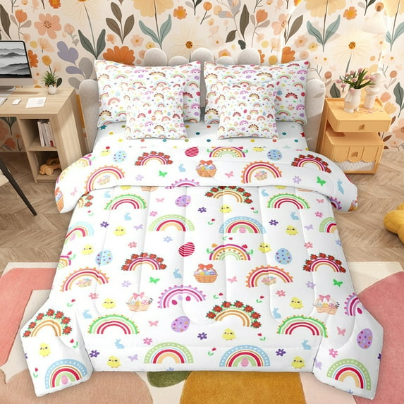 Manfei Cute Cartoon Rainbow 7pcs Bedding Comforter Set,Colorful Striped Lines Queen Bedding Sets,Kawaii Dinosaur Egg Queen Sheet Sets For Teens,Ultra Soft Home Decor Reversible