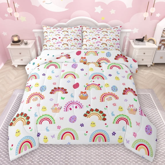 Manfei Cute Cartoon Rainbow Bedding Comforter Set,Colorful Striped Lines Twin Comforter Sets,Kawaii Dinosaur Egg Bedding Set For Teens,Ultra Soft Home Decor Reversible,2pcs