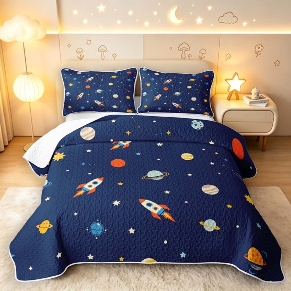 Manfei Cute Cartoon Rockets Bed Spread Queen,Celestial Planets Queen Coverlet Set,Blue,Navy Blue Reversible,3 Pieces,1 Quilt and 2 Pillowcases