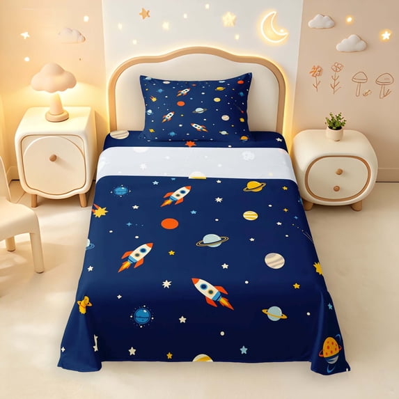 Manfei Cute Cartoon Rockets Twin Sheets,Celestial Planets Bedding,Blue,3pcs,1 Flat Sheet,1 Fitted Sheet and 1 Pillowcase