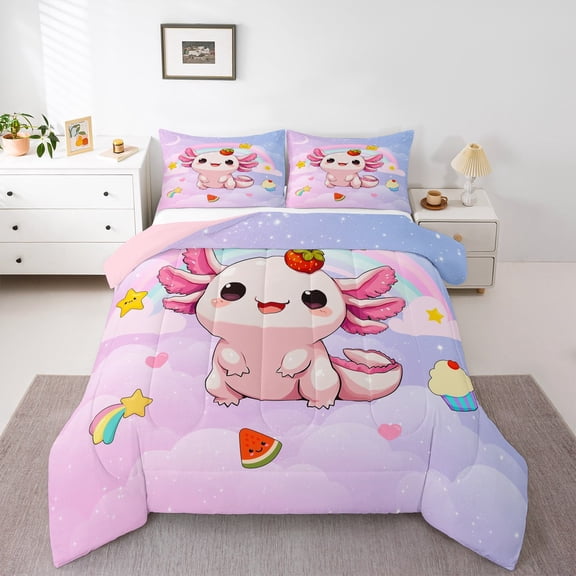 Manfei Cute Cartoon Salamander Bedding Comforter Set,Rainbow Watermelon Cake Twin Comforter Sets,Pink Kawaii Axolotl Bedding Set For Girl Kids,Super Cozy Room Decor Reversible,2pcs