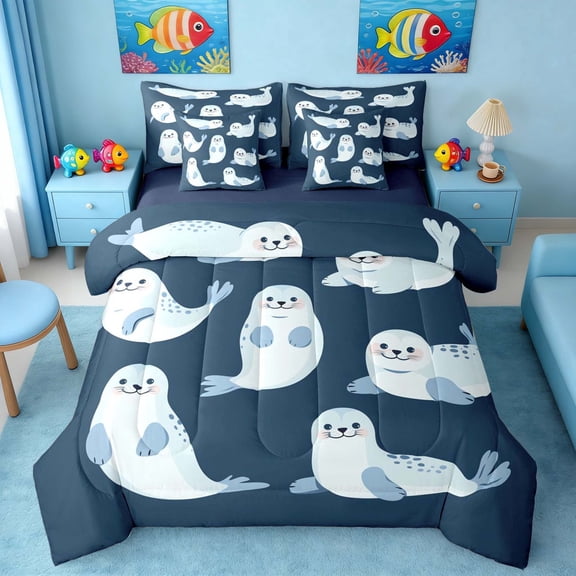 Manfei Cute Cartoon Seal Bedding Comforter Set for Kids Boys and Girls, Marine Animal Print Full Bedding Set, Navy Reversible 7pcs