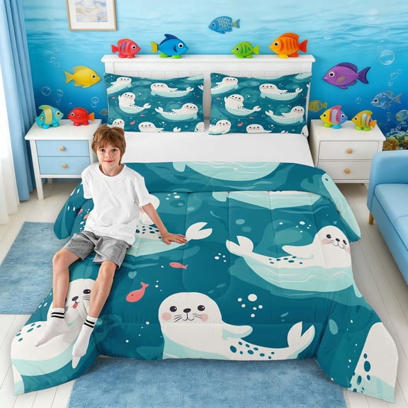Manfei Cute Cartoon Seal Queen Comforter Set for Kids Boys and Girls, Deep Ocean Fish Bedding Comforter Set, Navy Reversible 3-Piece, 1 Comforter and 2 Pillowcases