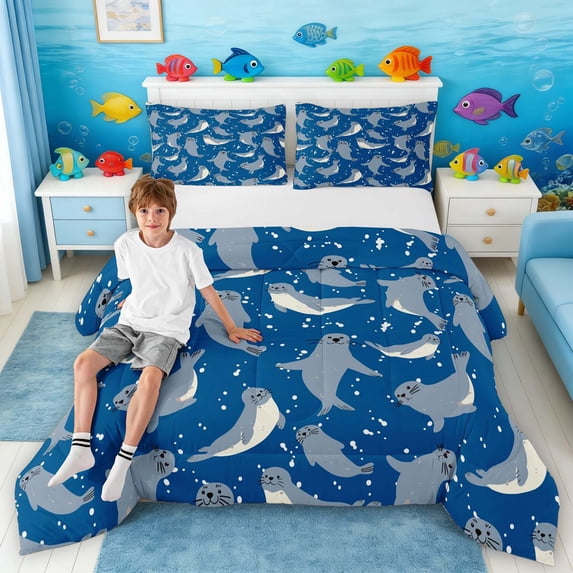 Manfei Cute Cartoon Seal Queen Comforter Set for Kids Boys and Girls, Sea Animal Print Bedding Comforter Set, Navy Reversible 3-Piece, 1 Comforter and 2 Pillowcases