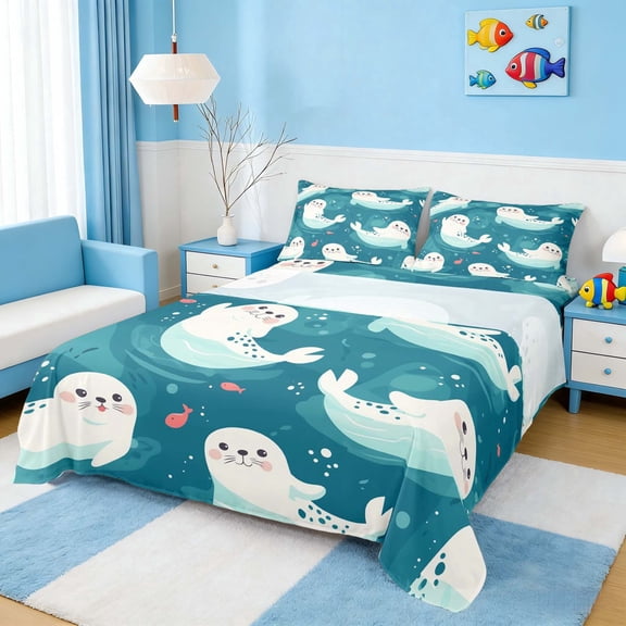 Manfei Cute Cartoon Seal Queen Sheet Sets for Kids Boys and Girls, Deep Ocean Fish Bed Set 4-Piece, 1 Flat Sheet, 1 Fitted Sheet and 2 Pillowcases