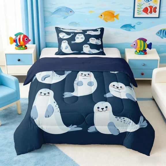 Manfei Cute Cartoon Seal Twin Comforter Sets for Kids Boys and Girls, Marine Animal Print Bedding Set, Navy Reversible 2pcs, 1 Comforter and 1 Pillowcase