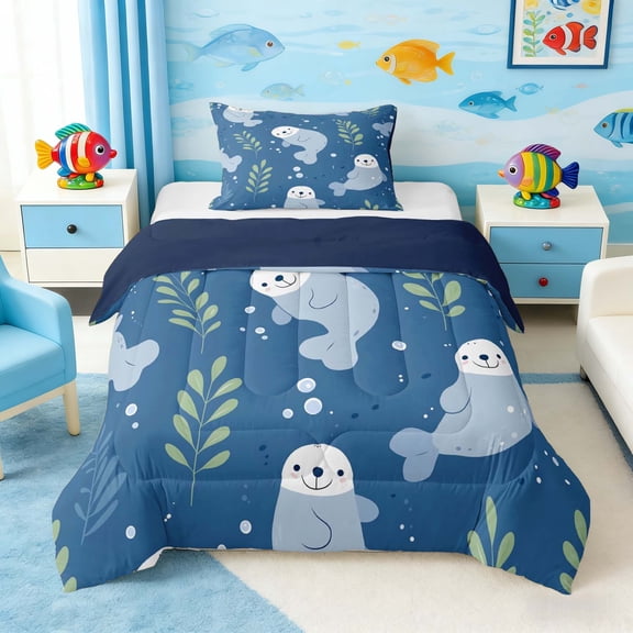 Manfei Cute Cartoon Seal Twin Comforter Sets for Kids Boys and Girls, Ocean Animal Print Bedding Set, Navy Reversible 2 Pieces, 1 Comforter and 1 Pillowcase
