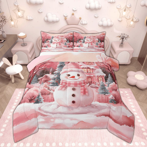 Manfei Cute Cartoon Snowman Bedding Comforter Set, Xmas Tree Gingerbread House Twin Comforter Sets, Merry Christmas Bedding Set for Girls, Breathable Home Decor Reversible 2-Piece