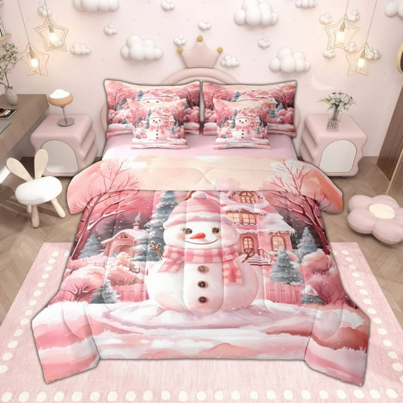 Manfei Cute Cartoon Snowman Twin Bedding Sets 7pcs, Xmas Tree Gingerbread House Bedding Comforter Set, Merry Christmas Sheet Sets for Girls, Breathable Home Decor