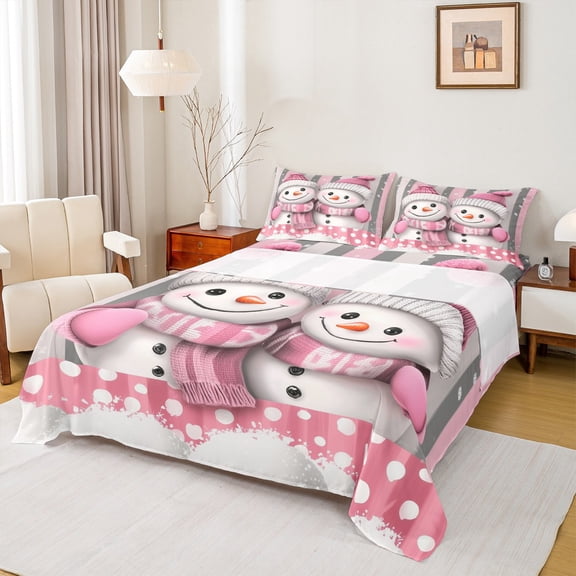 Manfei Cute Cartoon Snowman Twin Sheet Sets,Merry Christmas Twin Fitted Sheet,Pink White Gray Flat Sheet For Girls Kids,Ultra Soft Home Decor,3-Piece