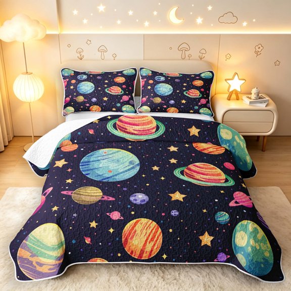 Manfei Cute Cartoon Space Planets Twin Quilt Set,Celestial Stars Twin Coverlet Set,Black,Colorful Stars Reversible,2pcs,1 Bedspread and 1 Pillowcase