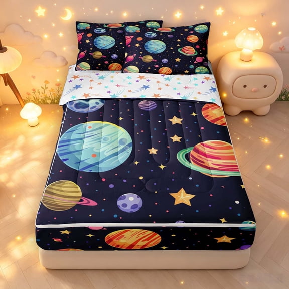 Manfei Cute Cartoon Space Planets Zipper Twin Comforter Sets with Fitted Sheet and 2 Pillowcases,Celestial Stars Zipper Bedding Set,Black,Colorful Stars Reversible,4pcs