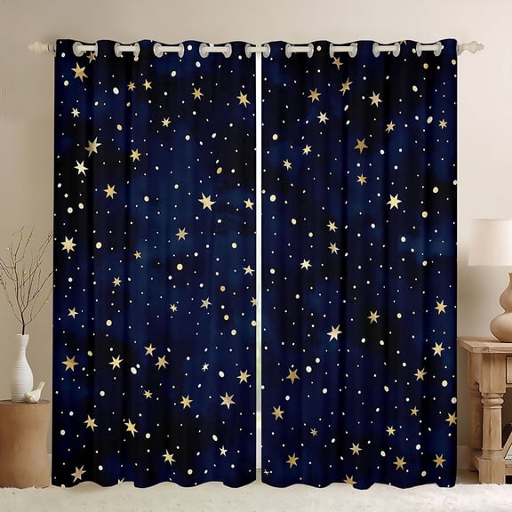 Manfei Cute Cartoon Stars Blackout Curtains,Celestial Themed Window Curtains Pack of 2 (38x45 Each),Gold Navy