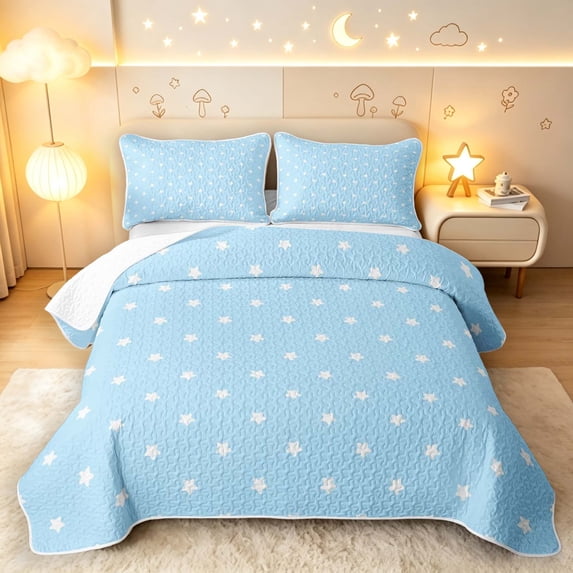 Manfei Cute Cartoon Stars Quilt Full,Sprinkle Print Full Bedspread Sets,Light Blue,Reversible,3-Piece,1 Coverlet and 2 Pillowcases