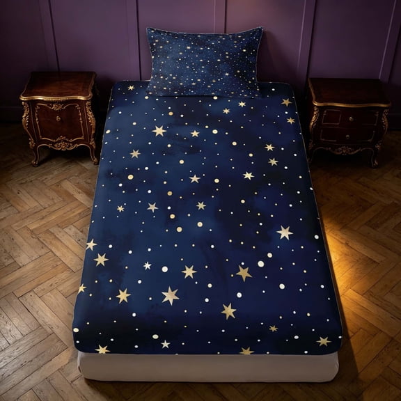 Manfei Cute Cartoon Stars Twin Fitted Sheet,Celestial Themed Bedding,Gold Navy,2-Piece