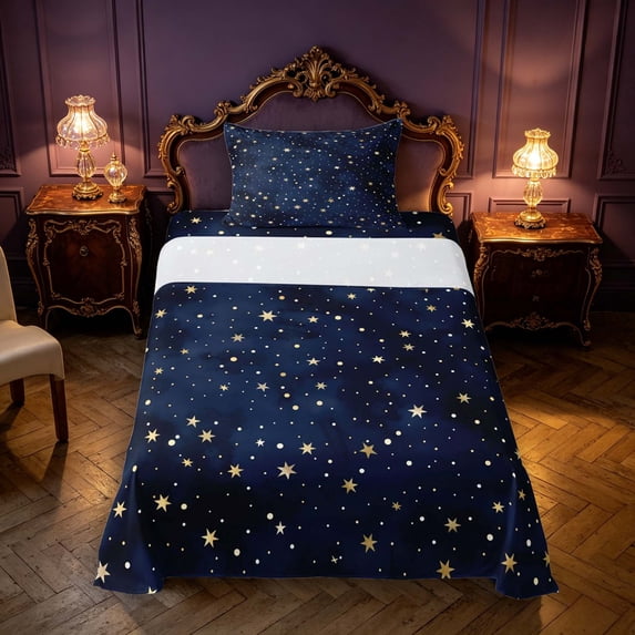 Manfei Cute Cartoon Stars Twin Sheets,Celestial Themed Bedding,Gold Navy,3-Piece,1 Flat Sheet,1 Fitted Sheet and 1 Pillowcase