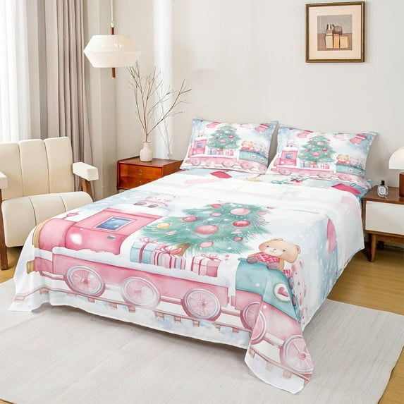 Manfei Cute Cartoon Train Full Size Sheets,Cute Christmas Tree Bed Sheets,Pink Green White Sheet Sets For Gir L Kids,Breathable Home Decor,4pcs