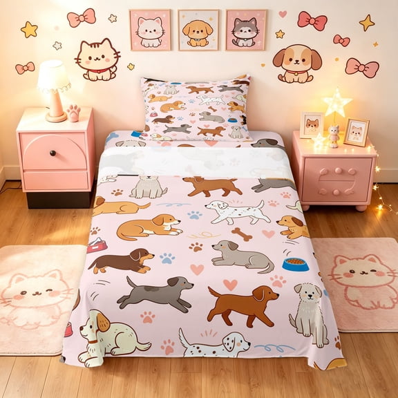 Manfei Cute Cartoon Twin Sheets, Puppy Dog Paw Bedding, Pink, 3 Pieces, 1 Flat Sheet, 1 Fitted Sheet and 1 Pillowcase