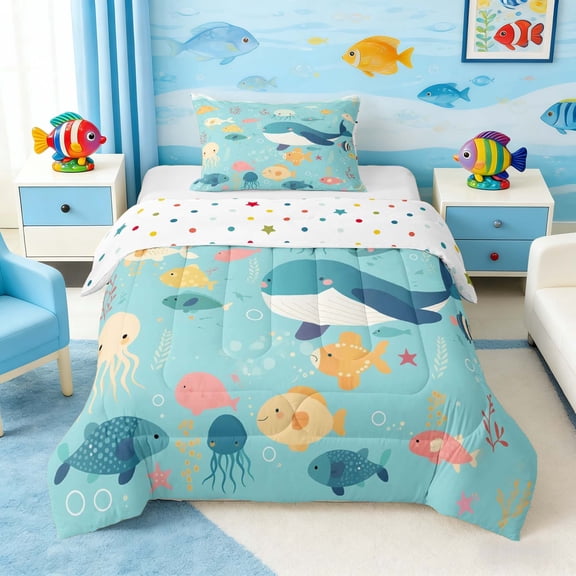 Manfei Cute Cartoon Underwater Fish Twin Comforter Sets for Kids Boys and Girls, Colorful Marine Life Print Bedding Set, Polka Dots Reversible 2 Pieces, 1 Comforter and 1 Pillowcase