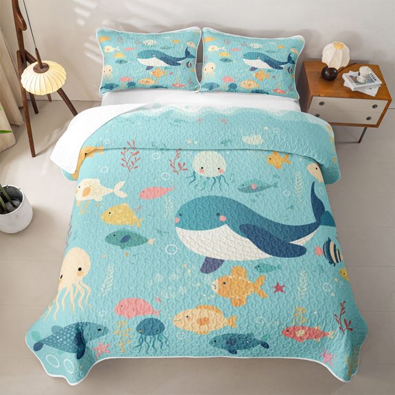 Manfei Cute Cartoon Underwater Fish Twin Quilt Set for Boys and Girls, Colorful Marine Life Print Twin Coverlet Set, 2-Piece