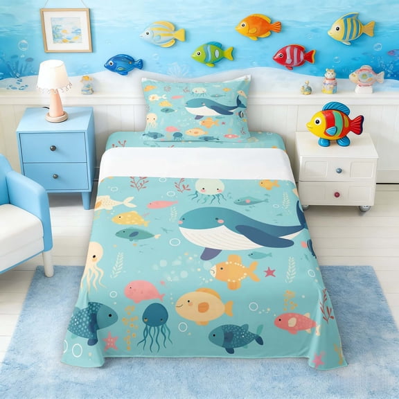 Manfei Cute Cartoon Underwater Fish Twin Sheet Sets for Kids Boys and Girls, Colorful Marine Life Print Bedding 3 Pieces, 1 Flat Sheet, 1 Fitted Sheet and 1 Pillowcase