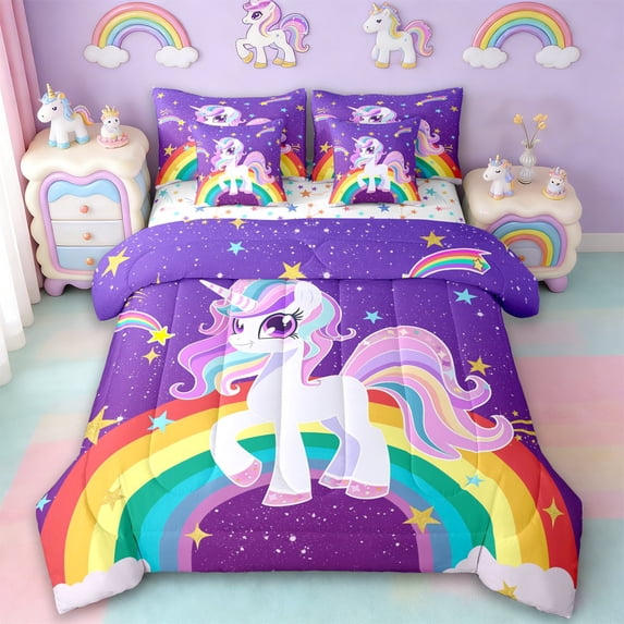 Manfei Cute Cartoon Unicorn 7pcs Bedding Comforter Set,Colorful Rainbow Stripe Queen Bedding Sets,Gold Stars Print Queen Sheet Sets For Girls,Luxury Bedroom Decor Reversible