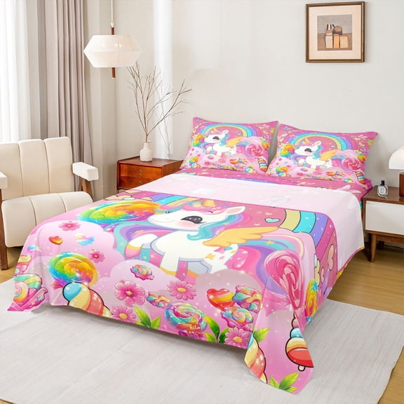 Manfei Cute Cartoon Unicorn Bed Sheets,Colorful Rainbow Candy King Sheets,Kawaii Daisy Flower Sheet Set For Girl,Microfiber Bedroom Decor,4 Pieces