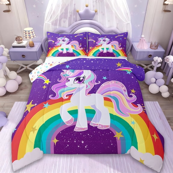 Manfei Cute Cartoon Unicorn Bedding Comforter Set,Colorful Rainbow Stripe Twin Comforter Sets,Gold Stars Print Bedding Set For Girls,Luxury Bedroom Decor Reversible,2-Piece