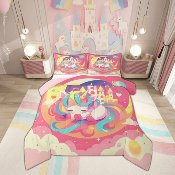 Feelyou Cute Cartoon Unicorn Bedding Comforter Set, Happy Birthday Twin Comforter Sets, Cartoon Princess Castle Bedding Set, Breathable Bedroom Decor, 2pcs
