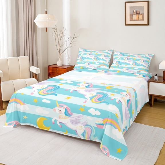 Manfei Cute Cartoon Unicorn Full Size Sheets,Colorful Rainbow Stripe Bed Sheets,Cyan Geometric Lines Sheet Sets For Girls,Luxury Bedroom Decor,4-Piece