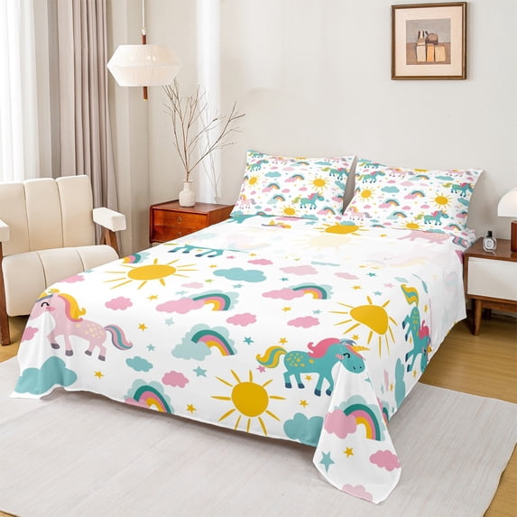Manfei Cute Cartoon Unicorn Full Size Sheets,Rainbow Clouds Sun Bed Sheets,Colorful Stars Print Sheet Sets Boys Girls,Ultra Soft Home Decor,4pcs